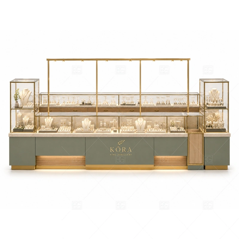 Green Gold Jewelry Kiosk with Glass Display brand signage detail for logo signage matched to the gold trim coordinated with warm gold accents for a premium jewelry presentation for the green gold jewelry kiosk with glass display front presentation