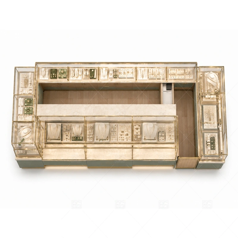 Green Gold Jewelry Kiosk with Glass Display storage and security detail for under-counter tray drawers, lockable stock cabinets, POS space, and packaging storage planned for green gold jewelry kiosk with glass display