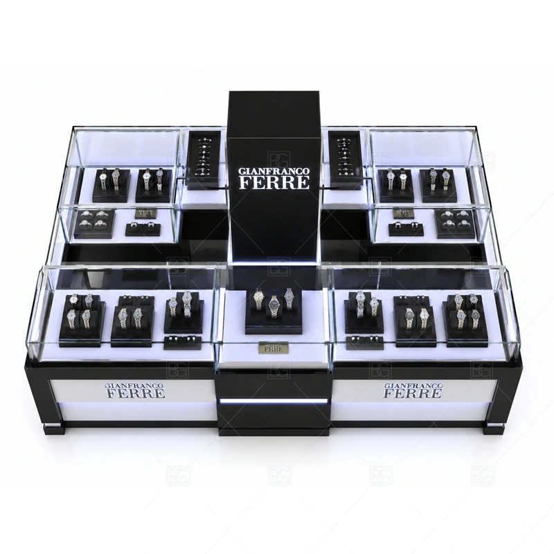 High End Custom Jewelry Kiosk for Malls with custom color and finish planning for a clear jewelry retail identity shown in the high end custom jewelry kiosk for malls product photos, with balanced glass counter planning for jewelry, watch, and accessory display