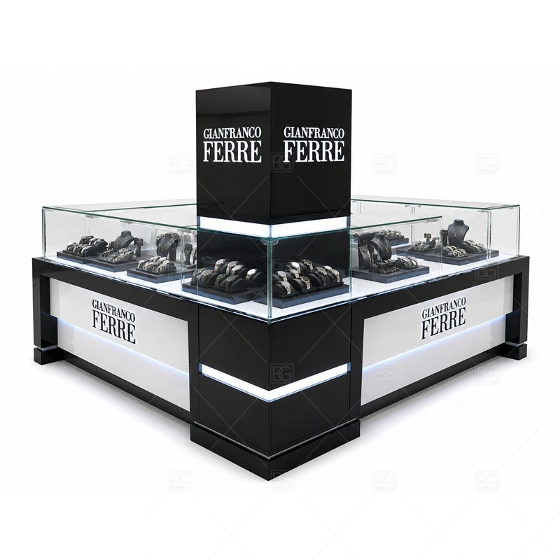 High End Custom Jewelry Kiosk for Malls layout showing high-end mall island kiosk layout shown in the high end custom jewelry kiosk for malls product photos, with premium retail traffic where lighting, glass clarity, and brand finish affect purchase confidence
