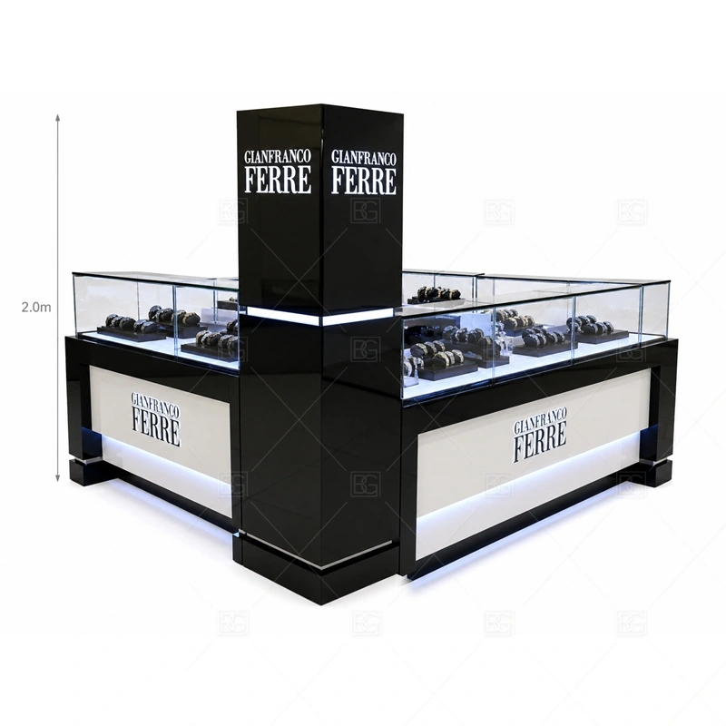 High End Custom Jewelry Kiosk for Malls glass display detail for premium glass showcases for luxury jewelry and watch presentation planned for rings, necklaces, watches, bracelets, gift sets, and small accessories in the high end custom jewelry kiosk for malls layout