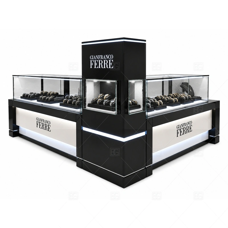 High End Custom Jewelry Kiosk for Malls lighting detail for LED strips, showcase spotlights, and warmer jewelry lighting adjusted around premium cabinet finish, refined metal trim, tempered glass showcases, and warm display lighting for the high end custom jewelry kiosk for malls detail set