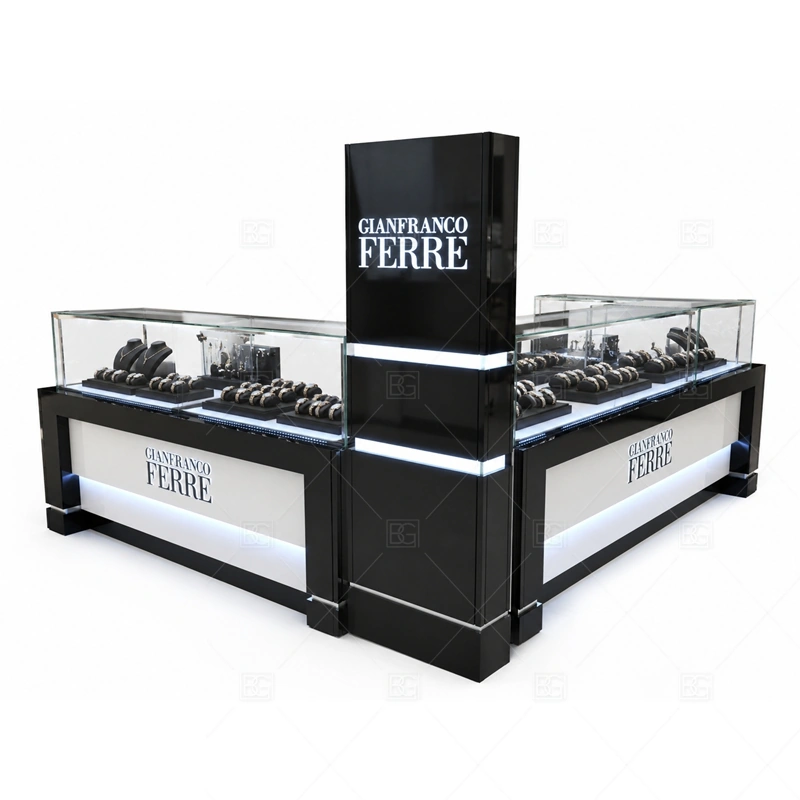 High End Custom Jewelry Kiosk for Malls brand signage detail for refined logo sign, brand feature panel, and high-visibility mall presentation coordinated with custom color and finish planning for a clear jewelry retail identity for the high end custom jewelry kiosk for malls front presentation