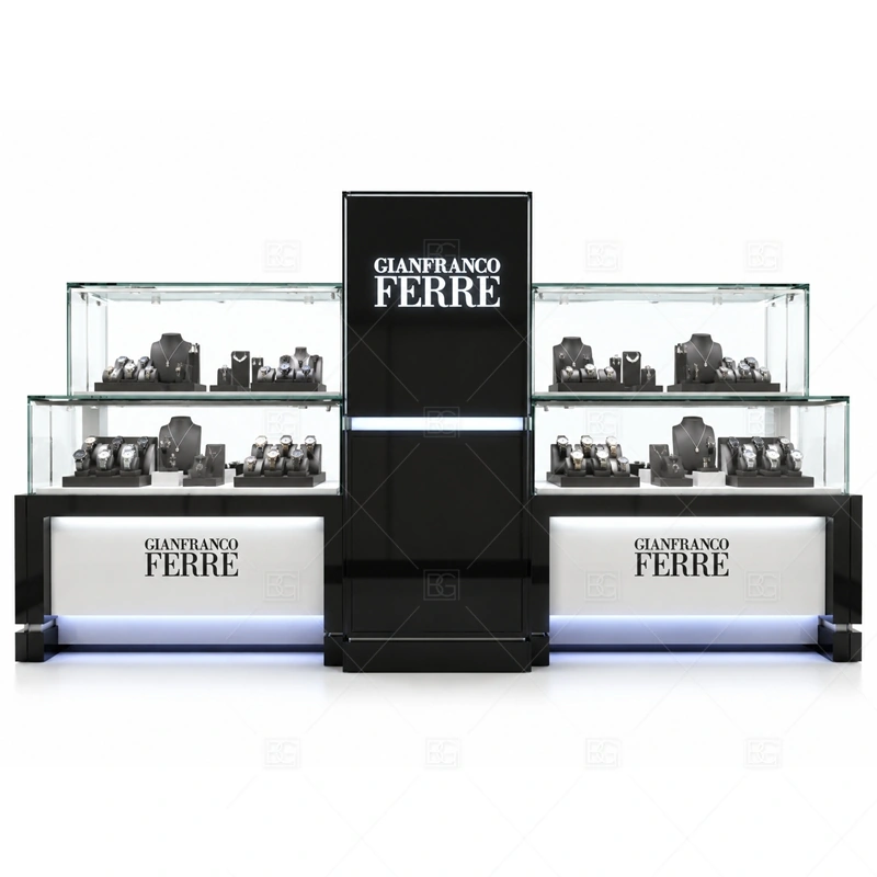 High End Custom Jewelry Kiosk for Malls storage and security detail for under-counter tray drawers, lockable stock cabinets, POS space, and packaging storage planned for high end custom jewelry kiosk for malls
