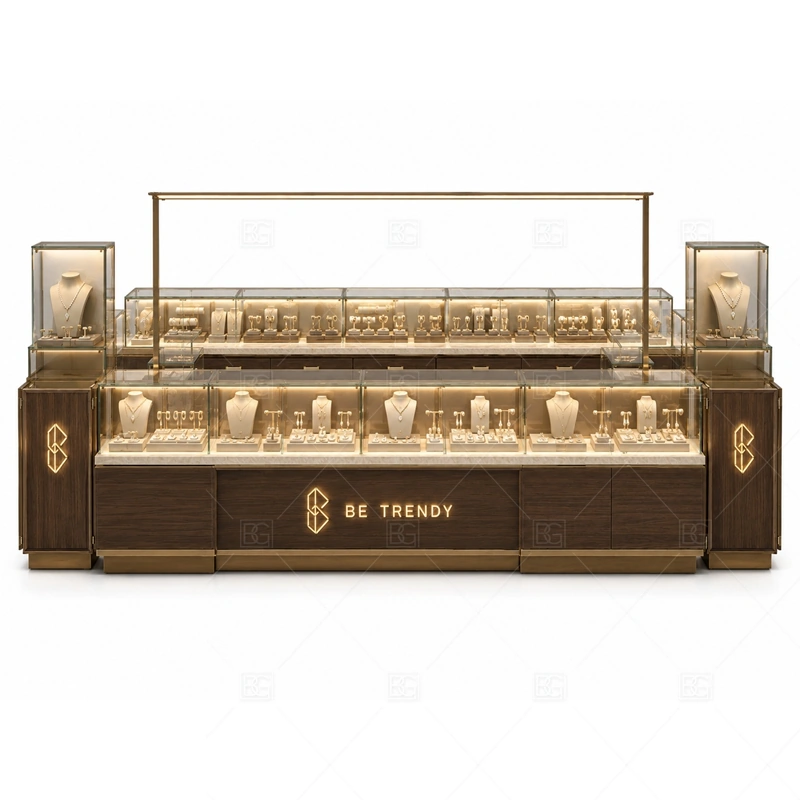 Jewelry Kiosk Design and Custom Jewelry Showcase storage and security detail for under-counter tray drawers, lockable stock cabinets, POS space, and packaging storage planned for jewelry kiosk design and custom jewelry showcase