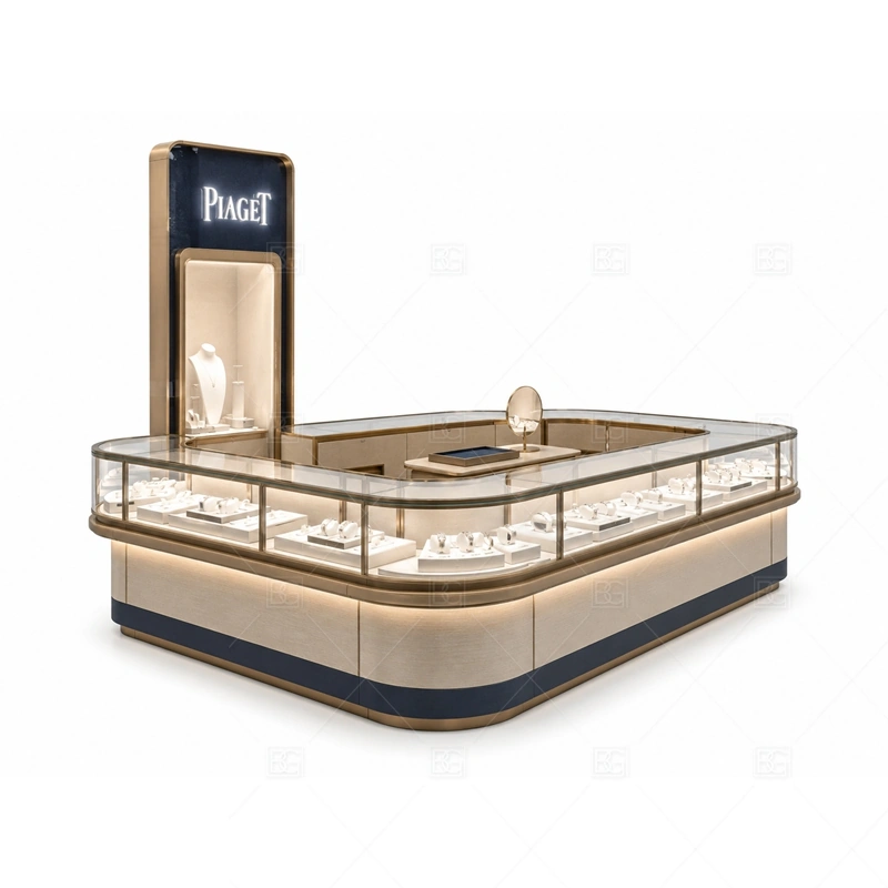 Jewelry Kiosk Display Showcase layout showing showcase-centered jewelry kiosk layout shown in the jewelry kiosk display showcase product photos, with gift-shopping traffic where quick browsing and secure staff access need to work together