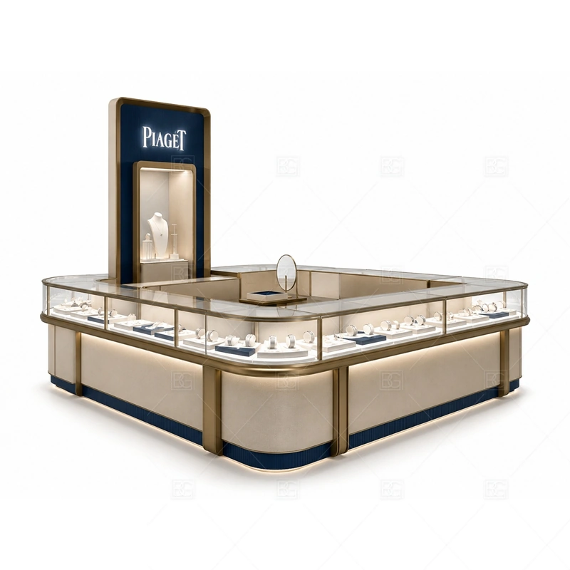 Jewelry Kiosk Display Showcase glass display detail for glass display showcases planned for organized jewelry presentation planned for rings, necklaces, watches, bracelets, gift sets, and small accessories in the jewelry kiosk display showcase layout