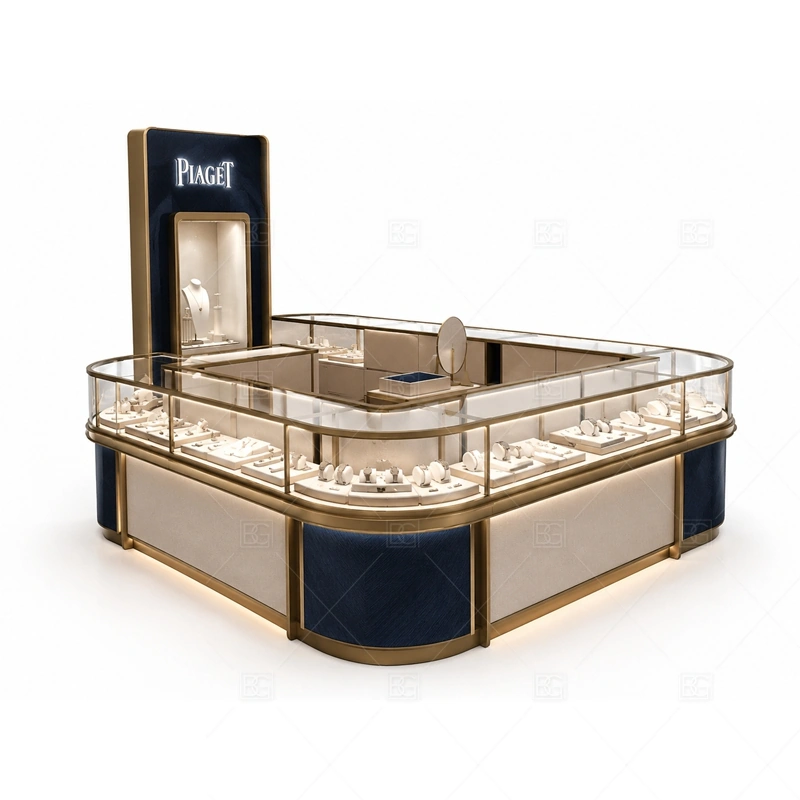 Jewelry Kiosk Display Showcase lighting detail for LED strips, showcase spotlights, and warmer jewelry lighting adjusted around glass showcase counters, durable cabinet bases, metal accents, and focused display lighting for the jewelry kiosk display showcase detail set