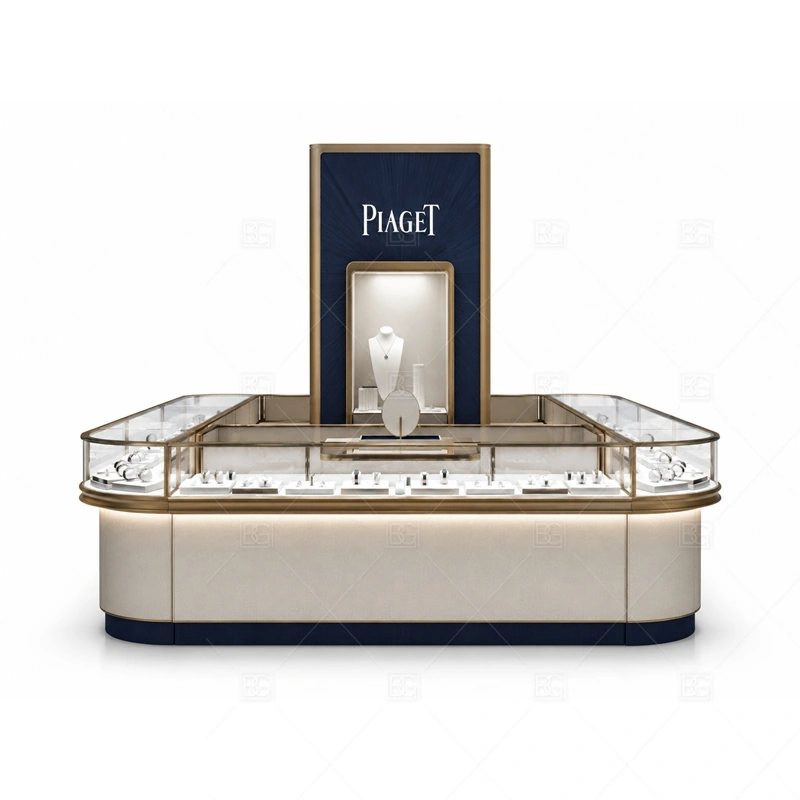 Jewelry Kiosk Display Showcase storage and security detail for under-counter tray drawers, lockable stock cabinets, POS space, and packaging storage planned for jewelry kiosk display showcase