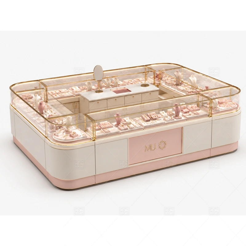 Low Pink Jewelry Kiosk with Curved Corners with pink surfaces for fashion jewelry, gifting, and softer customer appeal shown in the low pink jewelry kiosk with curved corners product photos, with curved glass display lines that guide customer attention across small jewelry items