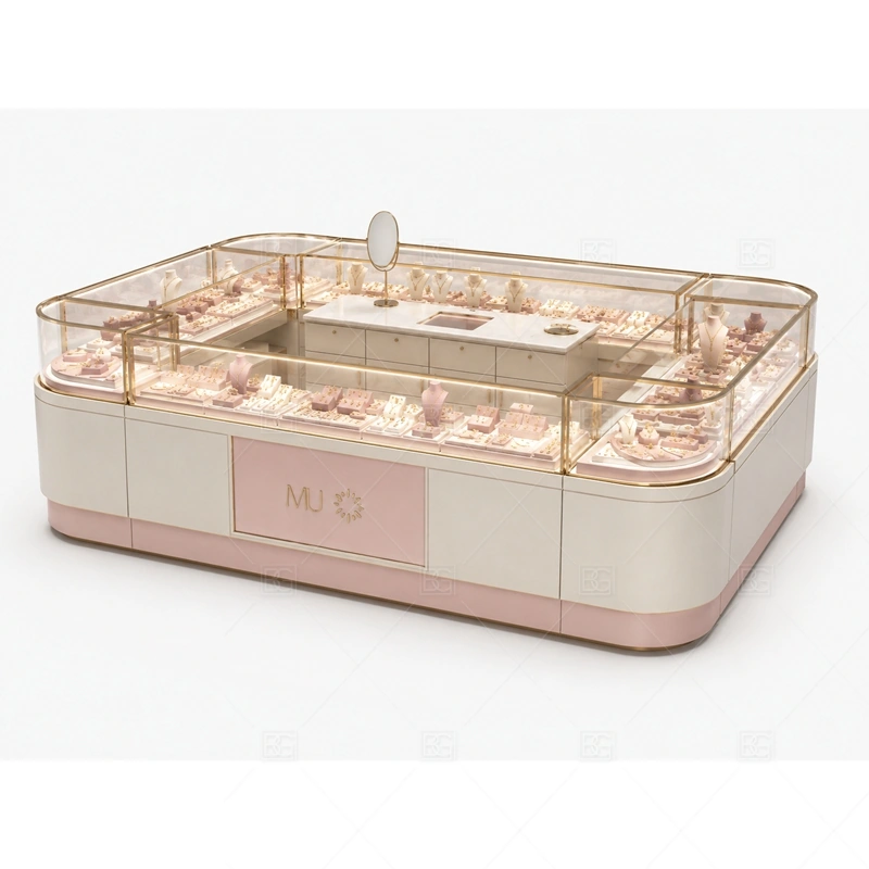 Low Pink Jewelry Kiosk with Curved Corners layout showing low-profile curved counter layout shown in the low pink jewelry kiosk with curved corners product photos, with premium retail traffic where lighting, glass clarity, and brand finish affect purchase confidence