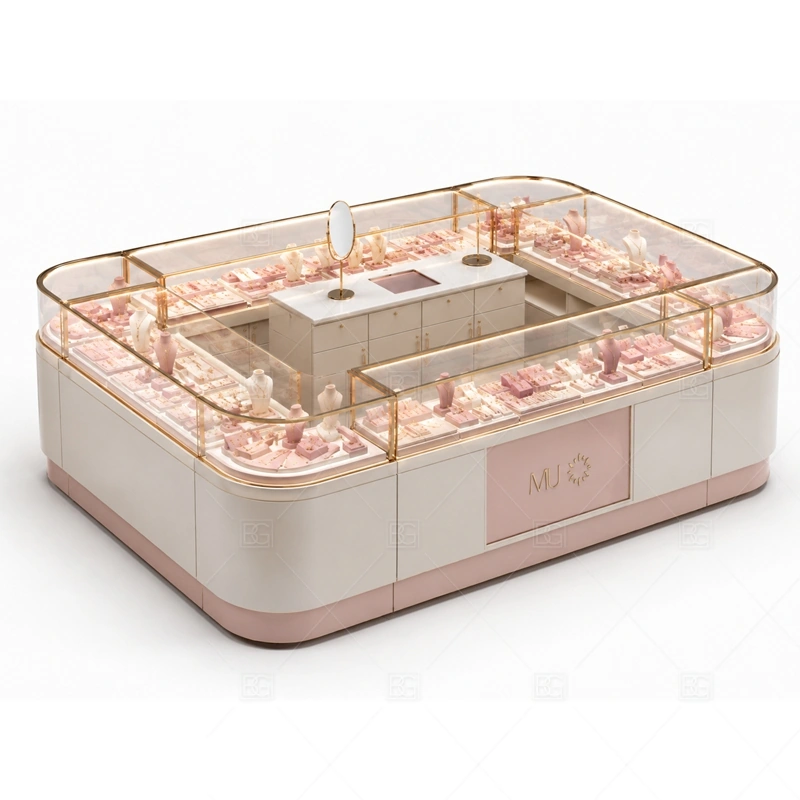 Low Pink Jewelry Kiosk with Curved Corners glass display detail for glass displays set into a softer counter shape planned for rings, necklaces, watches, bracelets, gift sets, and small accessories in the low pink jewelry kiosk with curved corners layout