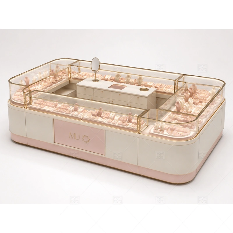 Low Pink Jewelry Kiosk with Curved Corners lighting detail for LED strips, showcase spotlights, and warmer jewelry lighting adjusted around pink panels, rounded corners, and glass display sections for the low pink jewelry kiosk with curved corners detail set
