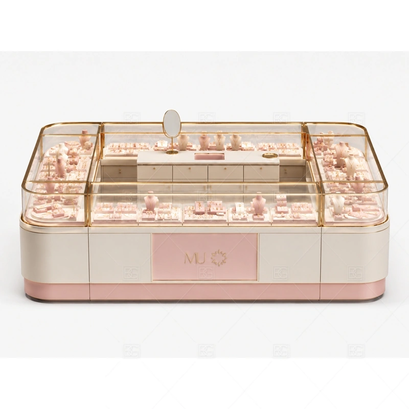 Low Pink Jewelry Kiosk with Curved Corners brand signage detail for low logo panels and optional front graphics coordinated with pink surfaces for fashion jewelry, gifting, and softer customer appeal for the low pink jewelry kiosk with curved corners front presentation