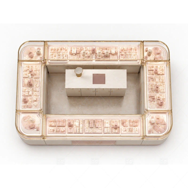 Low Pink Jewelry Kiosk with Curved Corners storage and security detail for under-counter tray drawers, lockable stock cabinets, POS space, and packaging storage planned for low pink jewelry kiosk with curved corners