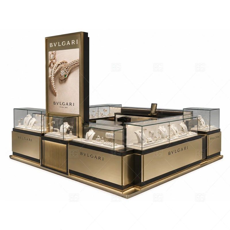 Luxury Watch Jewelry Kiosk with Gold Trim with warm gold accents for a premium jewelry presentation shown in the luxury watch jewelry kiosk with gold trim product photos, with watch and jewelry display zoning for higher-value small accessories