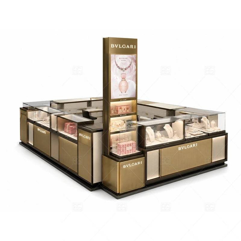 Luxury Watch Jewelry Kiosk with Gold Trim layout showing watch-focused island counter layout shown in the luxury watch jewelry kiosk with gold trim product photos, with premium retail traffic where lighting, glass clarity, and brand finish affect purchase confidence