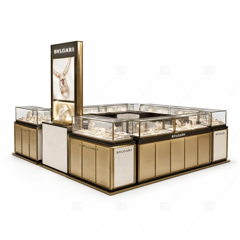 Luxury Watch Jewelry Kiosk with Gold Trim glass display detail for secure glass displays for watches and jewelry planned for rings, necklaces, watches, bracelets, gift sets, and small accessories in the luxury watch jewelry kiosk with gold trim layout