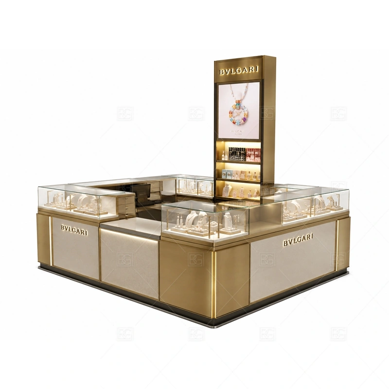Luxury Watch Jewelry Kiosk with Gold Trim lighting detail for LED strips, showcase spotlights, and warmer jewelry lighting adjusted around premium dark panels, gold stainless trim, and glass watch cases for the luxury watch jewelry kiosk with gold trim detail set
