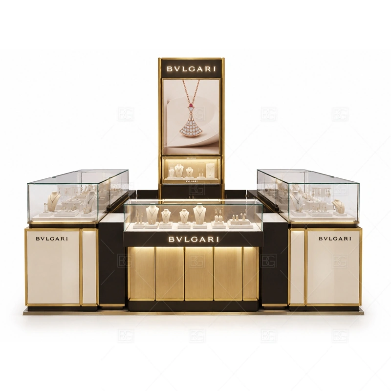 Luxury Watch Jewelry Kiosk with Gold Trim brand signage detail for premium logo signs and refined accent lighting coordinated with warm gold accents for a premium jewelry presentation for the luxury watch jewelry kiosk with gold trim front presentation