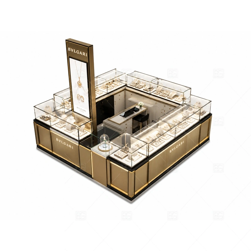 Luxury Watch Jewelry Kiosk with Gold Trim storage and security detail for under-counter tray drawers, lockable stock cabinets, POS space, and packaging storage planned for luxury watch jewelry kiosk with gold trim