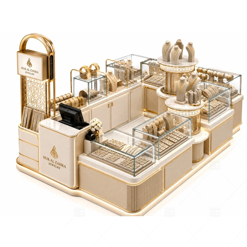 Luxury White Jewelry Kiosk for Mall with white cabinet panels for a clean bright jewelry display shown in the luxury white jewelry kiosk for mall product photos, with balanced glass counter planning for jewelry, watch, and accessory display