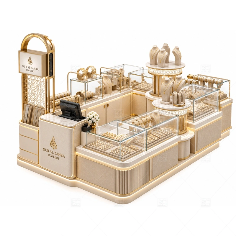 Luxury White Jewelry Kiosk for Mall layout showing premium white island layout shown in the luxury white jewelry kiosk for mall product photos, with premium retail traffic where lighting, glass clarity, and brand finish affect purchase confidence