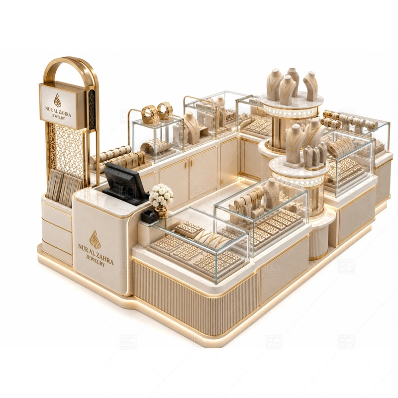 Luxury White Jewelry Kiosk for Mall glass display detail for glass showcases arranged for clean product grouping planned for rings, necklaces, watches, bracelets, gift sets, and small accessories in the luxury white jewelry kiosk for mall layout