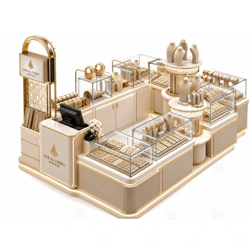 Luxury White Jewelry Kiosk for Mall lighting detail for LED strips, showcase spotlights, and warmer jewelry lighting adjusted around white lacquer or laminate, glass showcases, and metal trim for the luxury white jewelry kiosk for mall detail set