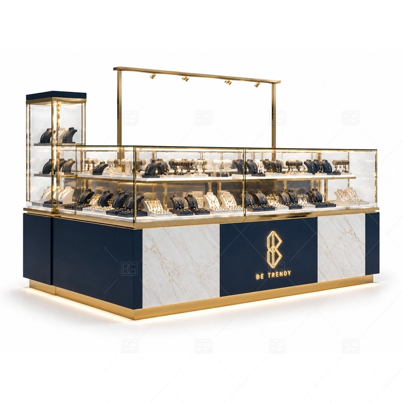 Marble Navy Jewelry Kiosk with Showcase with navy cabinet color for a more refined high-value display mood shown in the marble navy jewelry kiosk with showcase product photos, with balanced glass counter planning for jewelry, watch, and accessory display