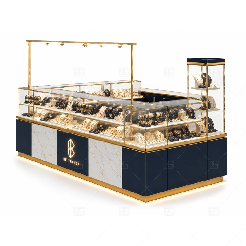 Marble Navy Jewelry Kiosk with Showcase layout showing premium island layout with stone-look detailing shown in the marble navy jewelry kiosk with showcase product photos, with gift-shopping traffic where quick browsing and secure staff access need to work together