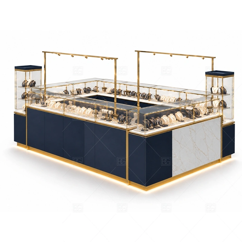 Marble Navy Jewelry Kiosk with Showcase glass display detail for glass showcase counters for jewelry sets planned for rings, necklaces, watches, bracelets, gift sets, and small accessories in the marble navy jewelry kiosk with showcase layout