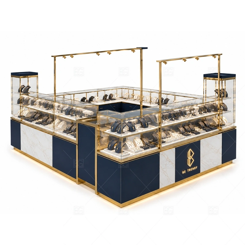 Marble Navy Jewelry Kiosk with Showcase lighting detail for LED strips, showcase spotlights, and warmer jewelry lighting adjusted around navy cabinet panels, marble-look surfaces, and glass showcases for the marble navy jewelry kiosk with showcase detail set