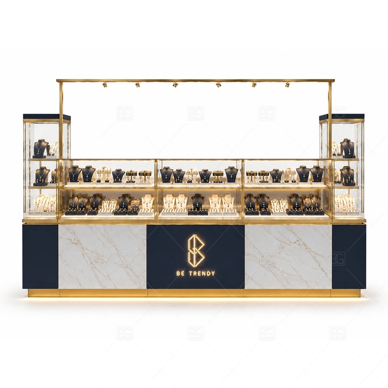 Marble Navy Jewelry Kiosk with Showcase brand signage detail for logo sign coordinated with navy and marble details coordinated with navy cabinet color for a more refined high-value display mood for the marble navy jewelry kiosk with showcase front presentation