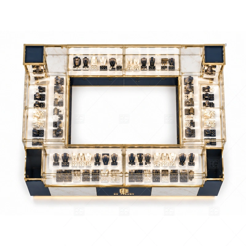 Marble Navy Jewelry Kiosk with Showcase storage and security detail for under-counter tray drawers, lockable stock cabinets, POS space, and packaging storage planned for marble navy jewelry kiosk with showcase