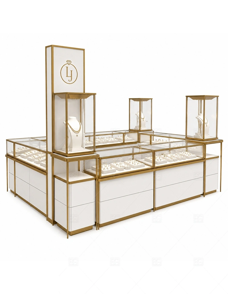 Minimal Gold Frame Jewelry Kiosk with warm gold accents for a premium jewelry presentation shown in the minimal gold frame jewelry kiosk product photos, with balanced glass counter planning for jewelry, watch, and accessory display