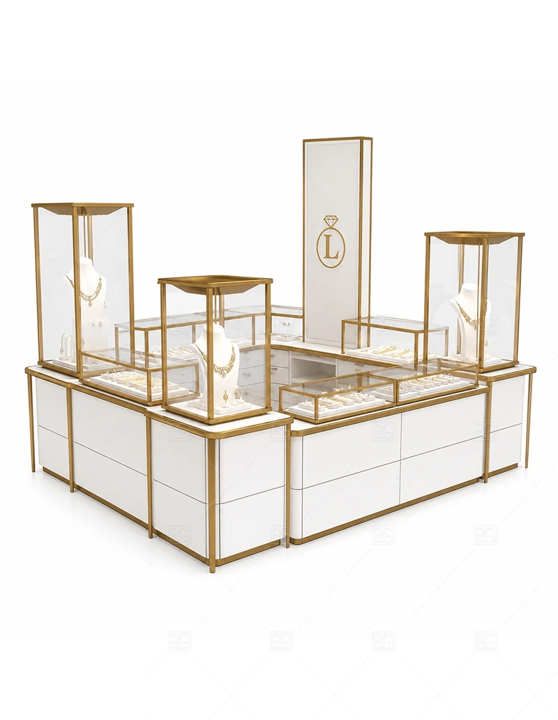 Minimal Gold Frame Jewelry Kiosk layout showing minimal open-frame island layout shown in the minimal gold frame jewelry kiosk product photos, with premium retail traffic where lighting, glass clarity, and brand finish affect purchase confidence