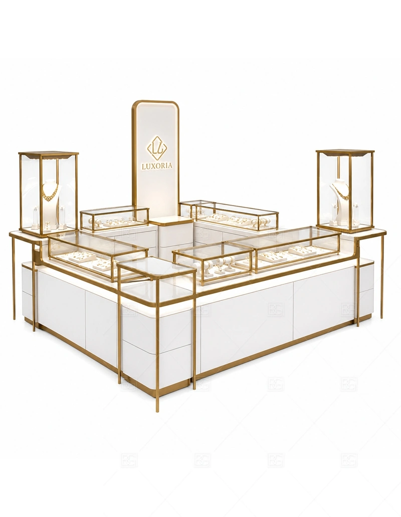 Minimal Gold Frame Jewelry Kiosk glass display detail for glass display counters with clear sightlines planned for rings, necklaces, watches, bracelets, gift sets, and small accessories in the minimal gold frame jewelry kiosk layout