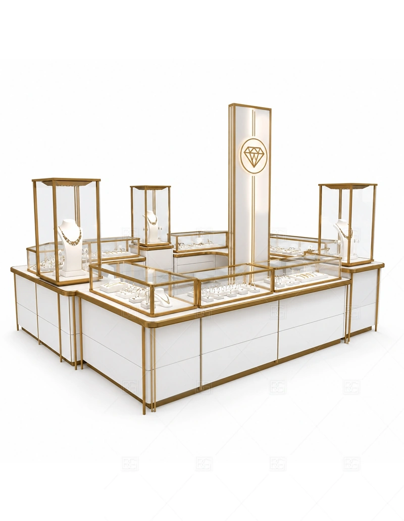 Minimal Gold Frame Jewelry Kiosk lighting detail for LED strips, showcase spotlights, and warmer jewelry lighting adjusted around gold frame structure, glass counters, and simple cabinet panels for the minimal gold frame jewelry kiosk detail set