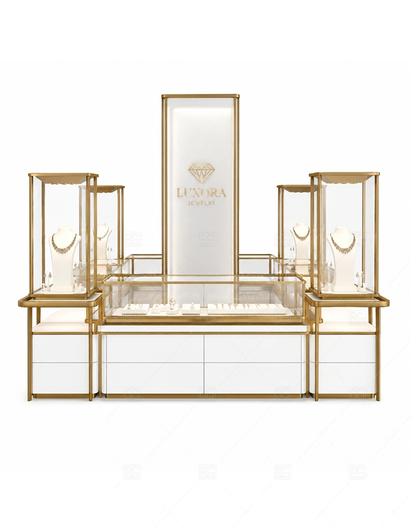Minimal Gold Frame Jewelry Kiosk brand signage detail for subtle logo placement within the frame system coordinated with warm gold accents for a premium jewelry presentation for the minimal gold frame jewelry kiosk front presentation