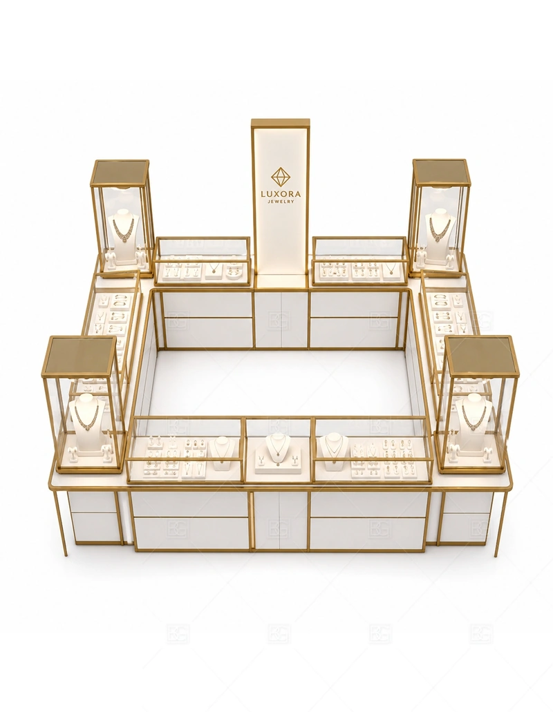 Minimal Gold Frame Jewelry Kiosk storage and security detail for under-counter tray drawers, lockable stock cabinets, POS space, and packaging storage planned for minimal gold frame jewelry kiosk