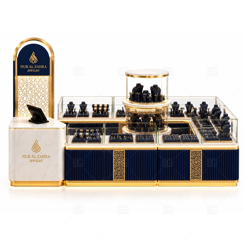 Navy Gold Jewelry Kiosk with Display Counters with warm gold accents for a premium jewelry presentation shown in the navy gold jewelry kiosk with display counters product photos, with balanced glass counter planning for jewelry, watch, and accessory display
