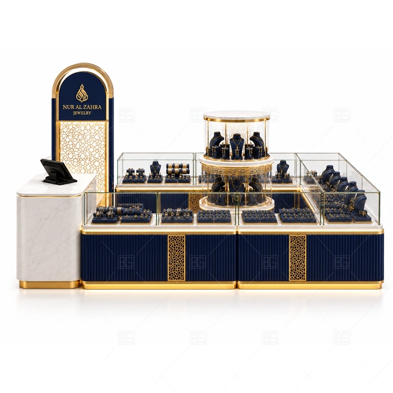 Navy Gold Jewelry Kiosk with Display Counters layout showing multi-counter island layout shown in the navy gold jewelry kiosk with display counters product photos, with corridor traffic where the front sign must be readable before shoppers pass the counter