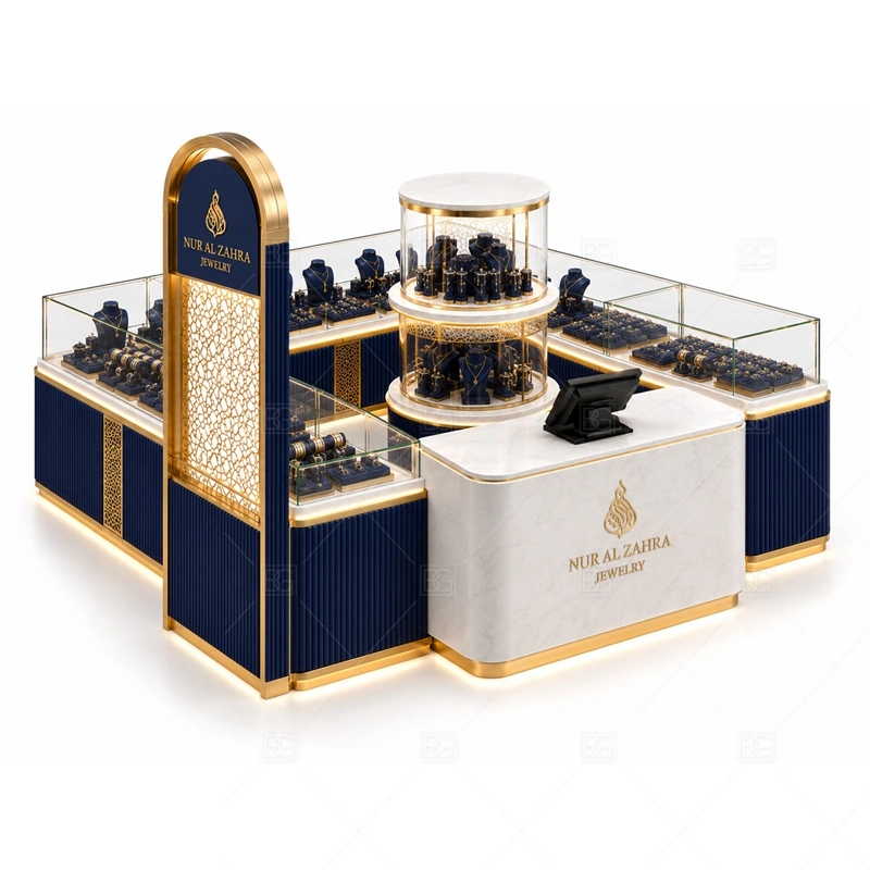 Navy Gold Jewelry Kiosk with Display Counters glass display detail for glass display counters around the customer sides planned for rings, necklaces, watches, bracelets, gift sets, and small accessories in the navy gold jewelry kiosk with display counters layout