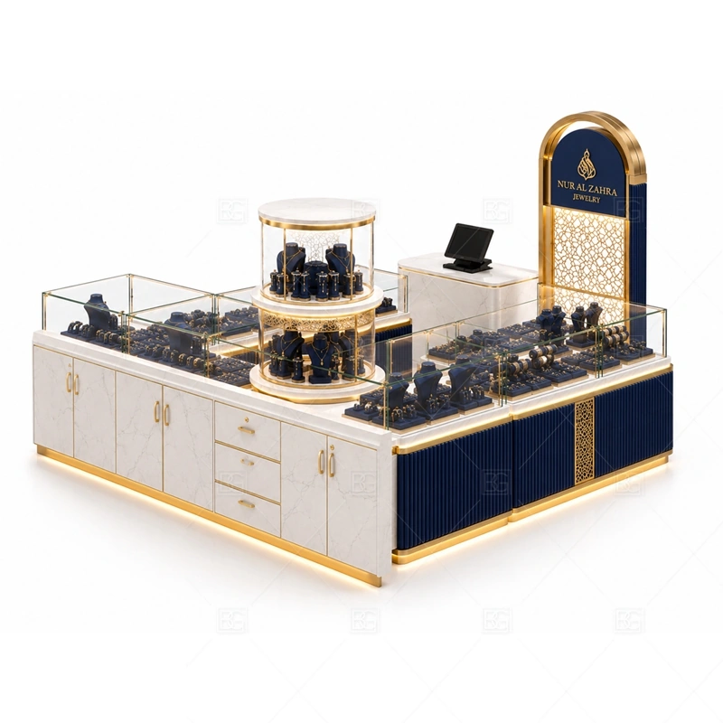 Navy Gold Jewelry Kiosk with Display Counters lighting detail for LED strips, showcase spotlights, and warmer jewelry lighting adjusted around navy panels, gold trim, and tempered glass for the navy gold jewelry kiosk with display counters detail set