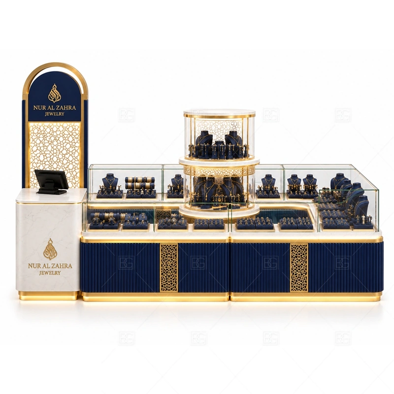Navy Gold Jewelry Kiosk with Display Counters brand signage detail for gold logo accents and front brand panels coordinated with warm gold accents for a premium jewelry presentation for the navy gold jewelry kiosk with display counters front presentation