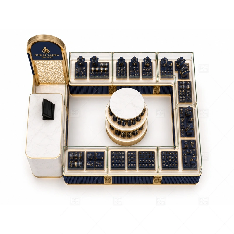 Navy Gold Jewelry Kiosk with Display Counters storage and security detail for under-counter tray drawers, lockable stock cabinets, POS space, and packaging storage planned for navy gold jewelry kiosk with display counters