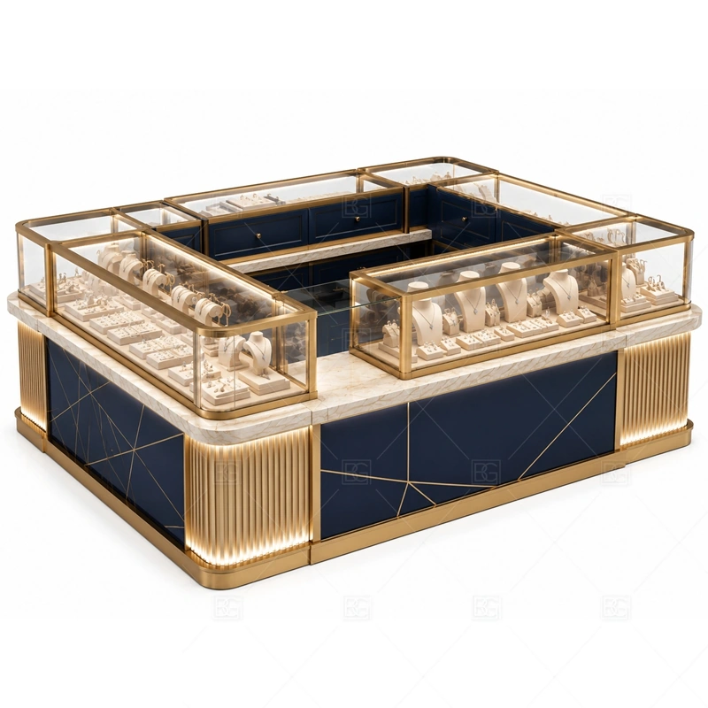 Navy Gold Jewelry Kiosk with Fluted Panels with warm gold accents for a premium jewelry presentation shown in the navy gold jewelry kiosk with fluted panels product photos, with fluted panel details for a richer custom fixture texture
