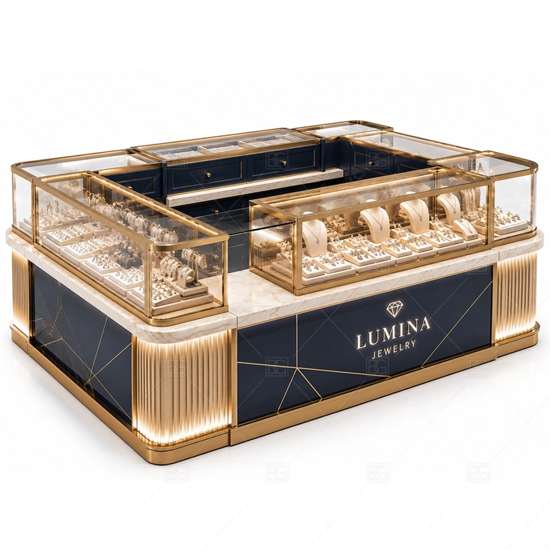 Navy Gold Jewelry Kiosk with Fluted Panels layout showing textured island layout shown in the navy gold jewelry kiosk with fluted panels product photos, with center-court traffic with customers approaching from several sides