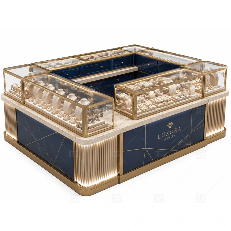 Navy Gold Jewelry Kiosk with Fluted Panels glass display detail for glass showcases with fluted counter bases planned for rings, necklaces, watches, bracelets, gift sets, and small accessories in the navy gold jewelry kiosk with fluted panels layout